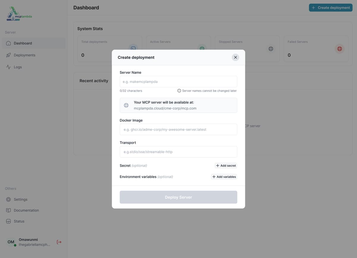 MCP Lambda dashboard interface showing server deployment status, metrics, and configuration options